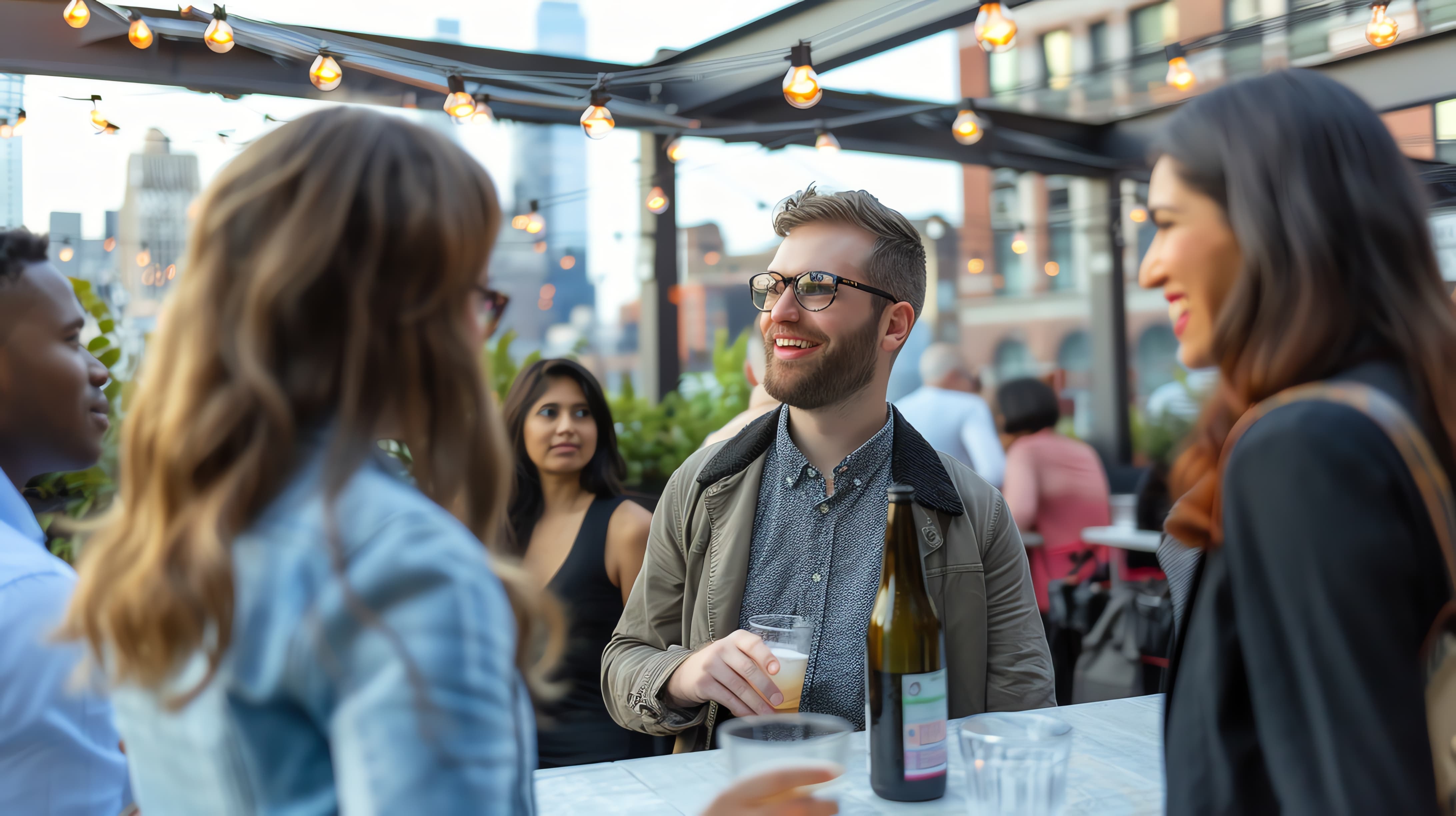 A group of friends gather to enjoy drinks and conversation